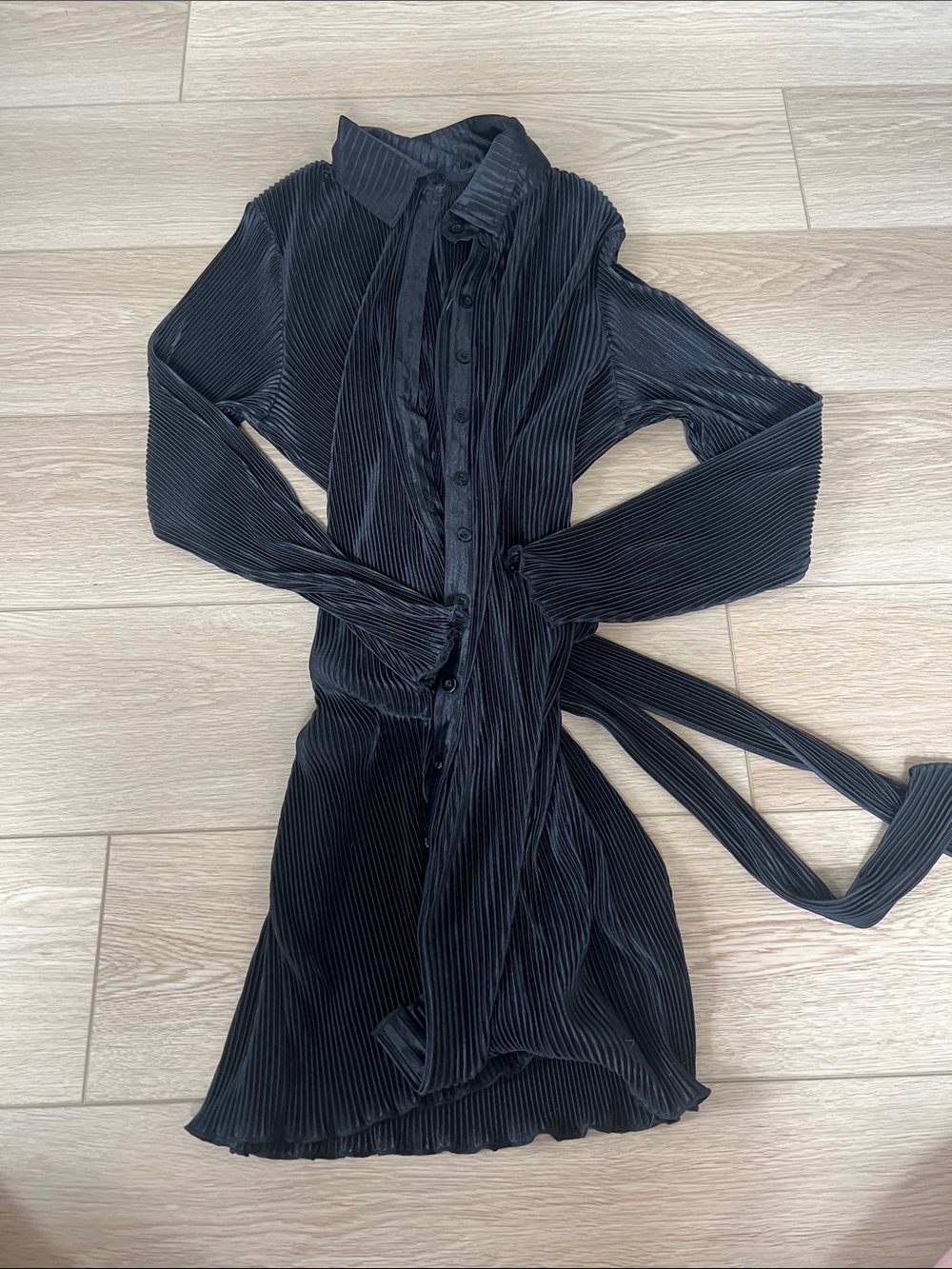 Black Pleated Long-Sleeve Mini Dress with Tie Waist